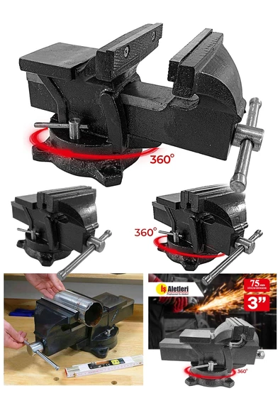 İtaly Style Büyük Boy 75 Mm 3'' 360'' Dönerli Taban Dövme Çelik Sabit Tezgah Masa Mengenesi