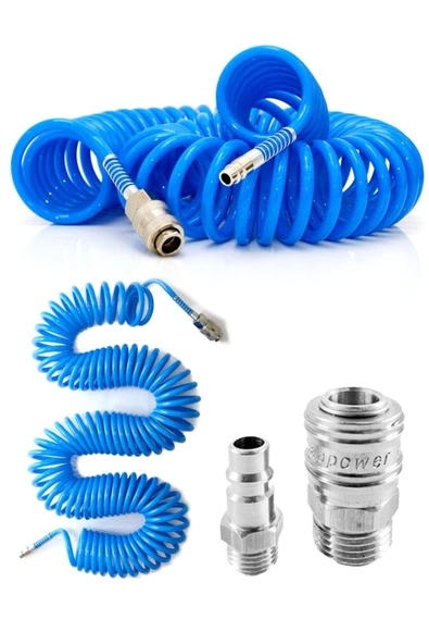 Craftex Profesyonel Yüksek Kalite Kompresör Spiral Hava Hortumu 8 mm 15 mt Hava Jakı Kompresör Recor Seti