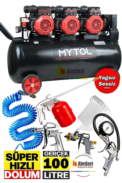 PROXTECH Mytol 100 Litre Yağsız Sessiz Hızlı Hava Kompresörü 6 Hp Havalı Alet Seti 5'li Boya Seti
