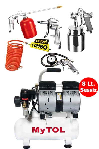 MYTOL 8 Litre Yağsız Sessiz Küçük Hava Kompresörü Ve Havalı Alet Seti