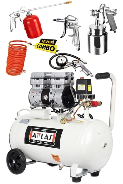 Attlas 50 Litre Yağsız Sessiz Hava Kompresörü Medikal Kompresör Ve Havalı Alet Seti 5 Parçalı