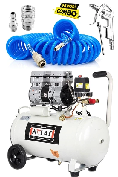 Attlas 50 Litre Yağsız Sessiz Hava Kompresörü Medikal Kompresör Ve 15 Metre Sprel Hava Hortumu Seti