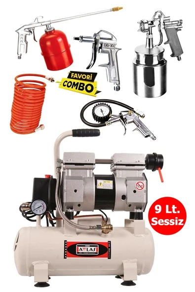Attlas Sc1009 Monofaze Yağsız Sessiz Hava Kompresörü 9 Lt. 8 Bar Ve Havalı Alet Seti