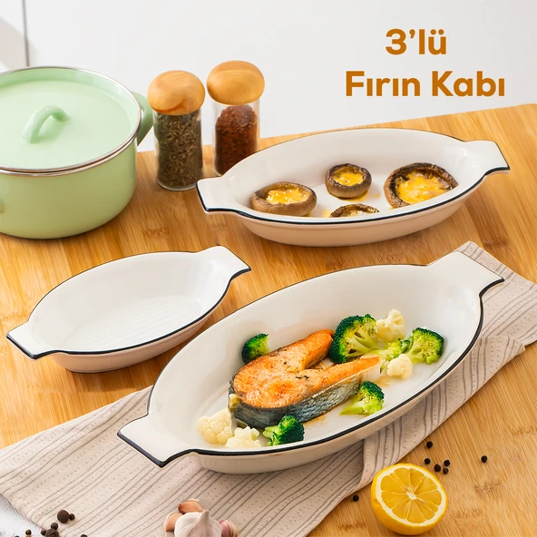 Porsima 085 Oval 3'lü Fırın Kabı Servis Kabı Oval Sunumluk Tepsi Tabak Beyaz