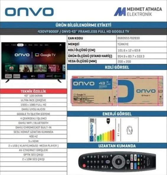 Onvo 43OVF9000F Full HD 43" 109 Ekran Uydu Alıcılı Google Smart LED TV - 2