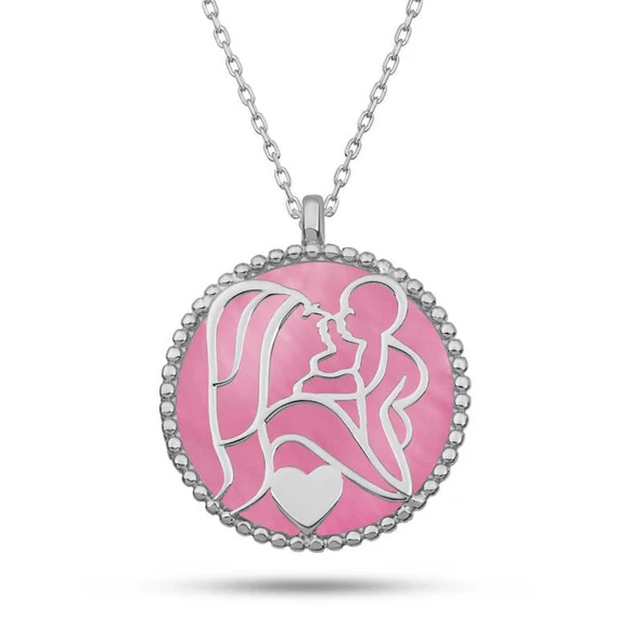 Lucky Life Gümüş Pembe Sedef Taşlı Anne Çocuk Sevgisi Kolye - 1
