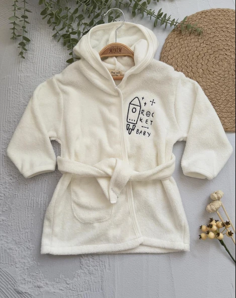 Çocuk Bornozu, Kapüşonlu UZAY Temalı , %100 Pamuklu Yüksek Su Emici Özelliği , OEKO-TEX Sertifikalı - 9