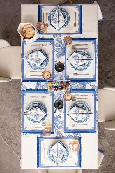 Elysian Blue Salon Yemek Masası Takımı Duck Keten, Masa Örtüsü,Runner,6 Amerikan Servis,6KumaşPeçete - 6