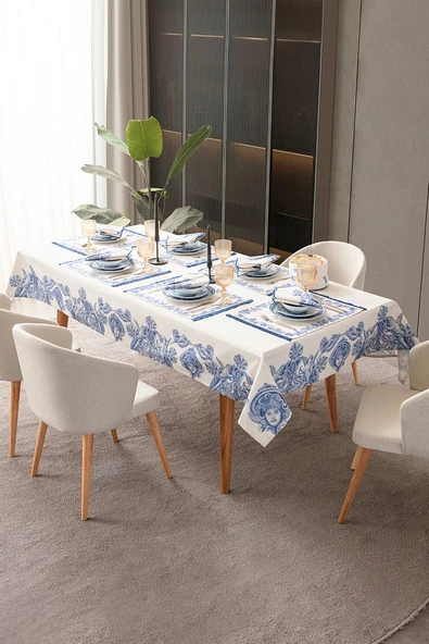 Azure Blue, Yemek Masası, Mutfak Masası Takımı, Masa Örtüsü,Runner,6AmerikanServis,6KumaşPeçete - 3