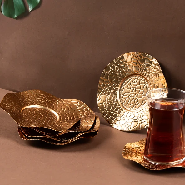 Porsima 4323 Gold Renk Metal 6lı Çay Tabağı Çap 12cm