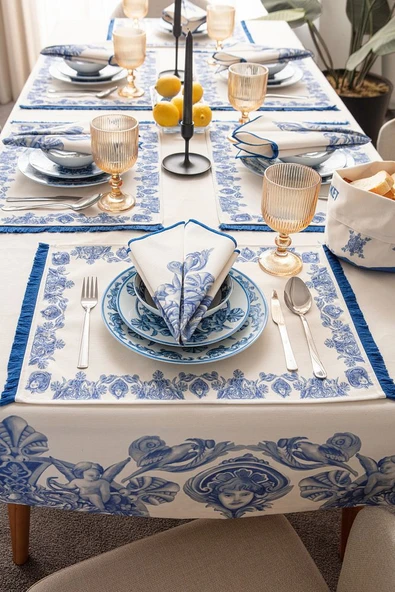 Azure Blue, Yemek Masası, Mutfak Masası Takımı, Masa Örtüsü,Runner,6AmerikanServis,6KumaşPeçete - 5