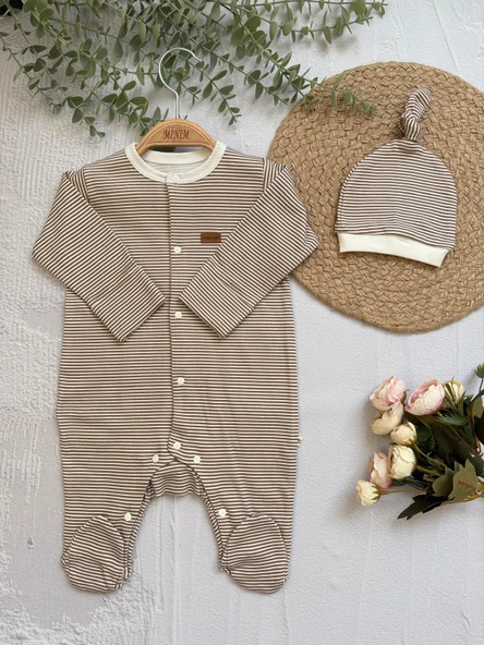 Çizgili Şapkalı Ünisex Bebek Tulumu, İnterlok Kumaş , Çıt çıtlı Uzun kollu Patikli Tulum Seti - 4