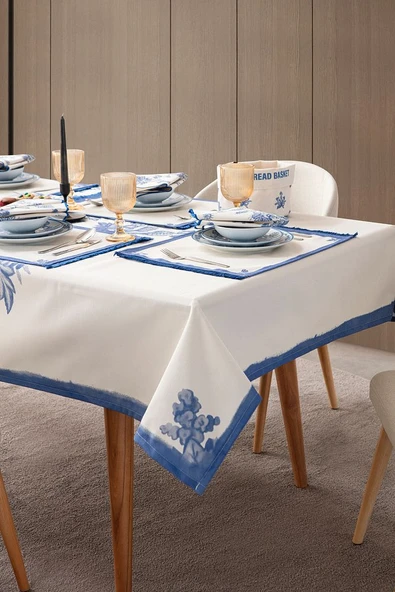 Elysian Blue Salon Yemek Masası Takımı Duck Keten, Masa Örtüsü,Runner,6 Amerikan Servis,6KumaşPeçete