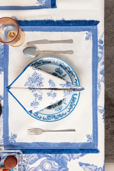 Elysian Blue Salon Yemek Masası Takımı Duck Keten, Masa Örtüsü,Runner,6 Amerikan Servis,6KumaşPeçete - 7