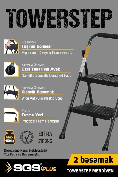 SGS PLUS Sgs1192 Towerstep 2 Basamak Ev Tipi Geniş Basamaklı Metal Merdiven 150 Kg Taşıma Kapasiteli - 3