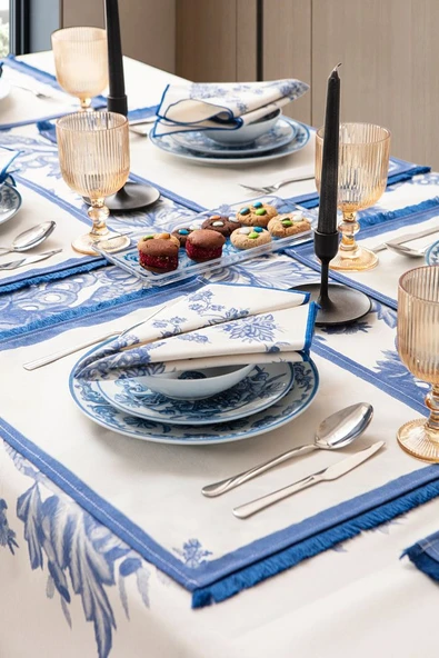 Elysian Blue Salon Yemek Masası Takımı Duck Keten, Masa Örtüsü,Runner,6 Amerikan Servis,6KumaşPeçete - 2