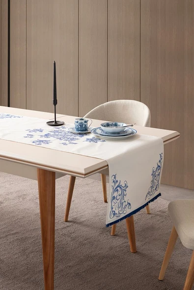 Elysian Blue Salon Yemek Masası Takımı Duck Keten, Masa Örtüsü,Runner,6 Amerikan Servis,6KumaşPeçete - 5