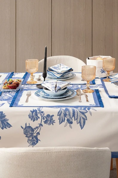 Elysian Blue Salon Yemek Masası Takımı Duck Keten, Masa Örtüsü,Runner,6 Amerikan Servis,6KumaşPeçete - 8