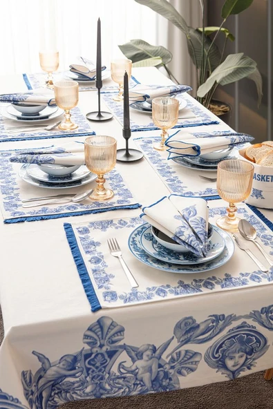 Azure Blue, Yemek Masası, Mutfak Masası Takımı, Masa Örtüsü,Runner,6AmerikanServis,6KumaşPeçete - 2