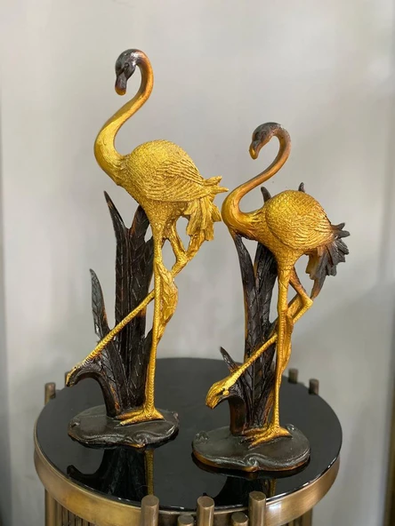 Flamingo Biblo 2 li Dekoratif Yapraklı Heykel Obje - Resim 4