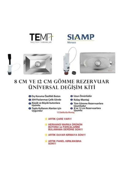 Tema Siamp Universal Gömme Rezervuar Değişim Kiti Parlak Krom 8Cm - 2