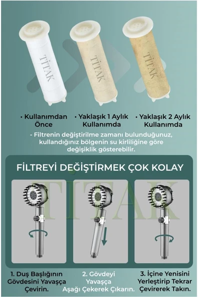 Titak Yeni Masajlı Filtreli Stop Tuşlu 3 Fonksiyonlu Duş Başlığı - Duş Hortumu - Yapışkanlı Duş Askısı Set - Resim 5