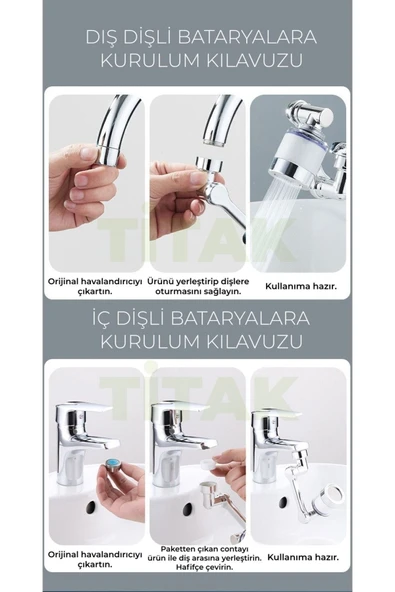 Titak Yeni Filtreli 1080 Derece Dönebilen Krom Kaplama Musluk Ucu - 6