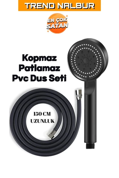 Canero 5 Fonksiyonlu Mafsallı Mat Siyah Duş Başlığı Seti, Mat Siyah Duş Başlığı - Pvc Hortum Duş Seti