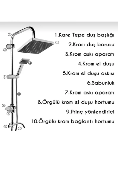 Flipo Flip Kare Lüks Paslanmaz Tepe Duş Seti Robot Duş Takımı Duş Set Banyo Fıskiyesi - Resim 3