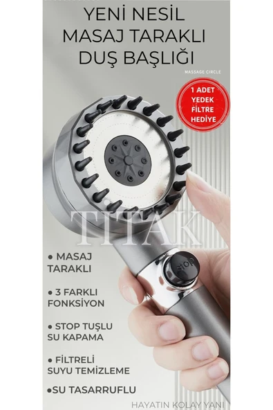 Titak Yeni Masajlı Filtreli Stop Tuşlu 3 Fonksiyonlu Duş Başlığı - Duş Hortumu - Yapışkanlı Duş Askısı Set ürün görseli 1