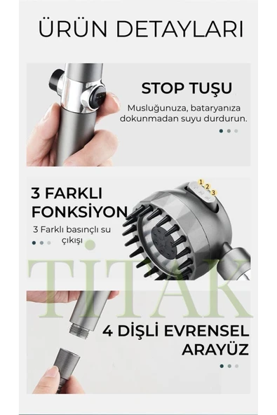 Titak Yeni Masajlı Filtreli Stop Tuşlu 3 Fonksiyonlu Duş Başlığı - Duş Hortumu - Yapışkanlı Duş Askısı Set - Resim 4