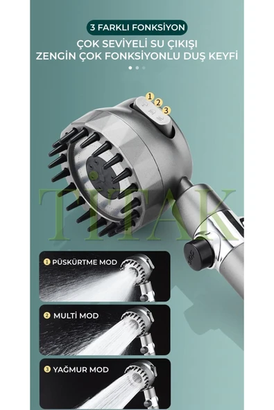 Titak Yeni Masajlı Filtreli Stop Tuşlu 3 Fonksiyonlu Duş Başlığı - Duş Hortumu - Yapışkanlı Duş Askısı Set - Resim 3