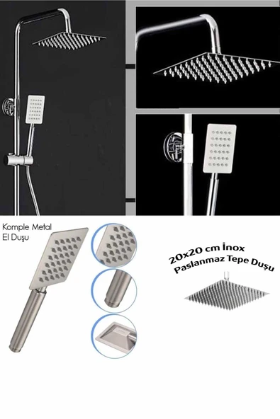 Lamiaseta Supor Kare Paslanmaz Inox Duş Başlığı Ve El Duş Seti 2 Li, Tepe Duş Başlığı - Resim 3