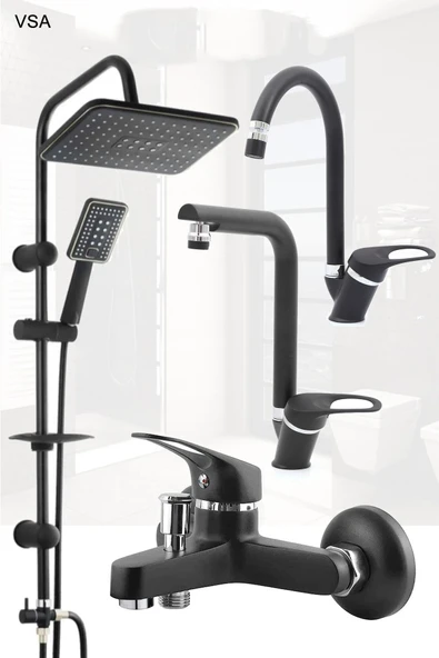 Vsa Mat Delta Siyah Robot Yağmurlama Tepe Duş Seti Banyo Lavabo Evye Batarya Seti