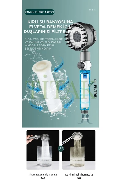 Titak Yeni Masajlı Filtreli Stop Tuşlu 3 Fonksiyonlu Duş Başlığı - Duş Hortumu - Yapışkanlı Duş Askısı Set - Resim 6