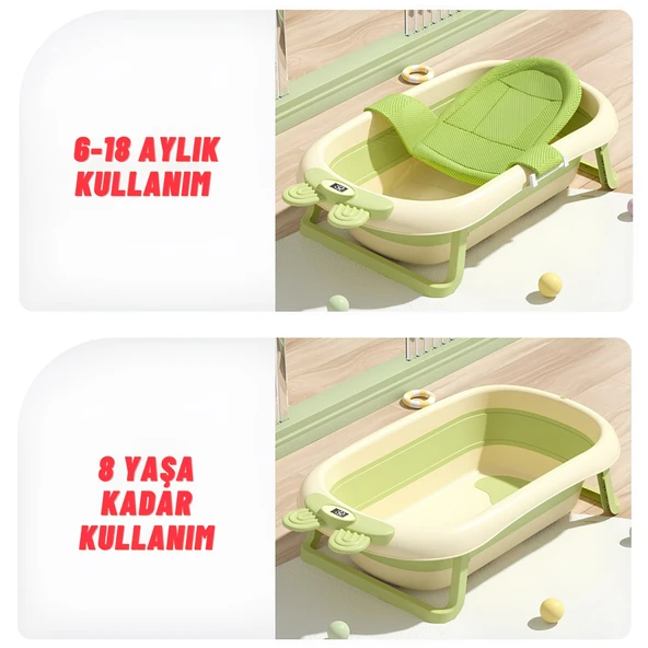 Katlanabilir Termometreli Bebek Küveti Ve Filesi Yazlık Bebek Havuzu YEŞİL - 8