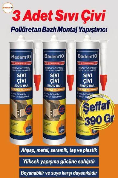 Sıvı Çivi 3 Adet 390 Gr Montaj Yapıştırıcısı Su Geçirmez Mutfak Banyo Ahşap Dolap Fayans Mermer - 4
