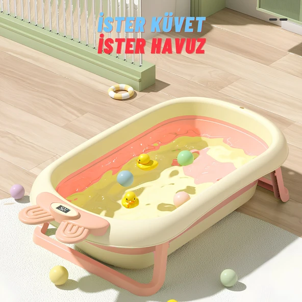 Katlanabilir Termometreli Bebek Küveti Ve Filesi Yazlık Bebek Havuzu PEMBE - 7