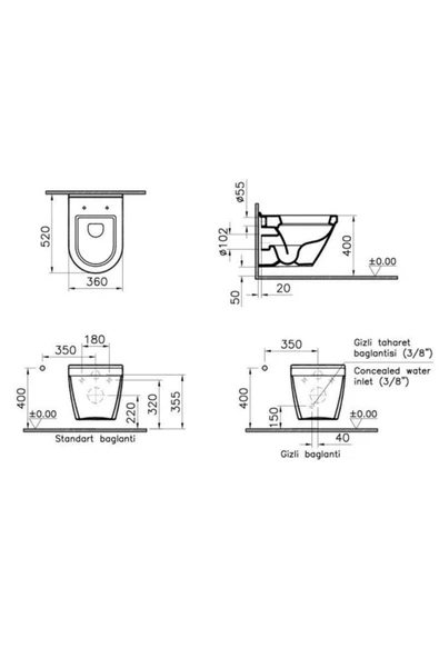 Vitra S50 Kanallı Asma Klozet+Kapak+ Gömme Rezervuar Set - 3