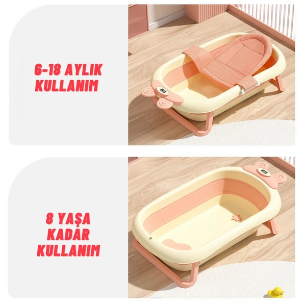 Katlanabilir Termometreli Bebek Küveti Ve Filesi Yazlık Bebek Havuzu PEMBE - 8
