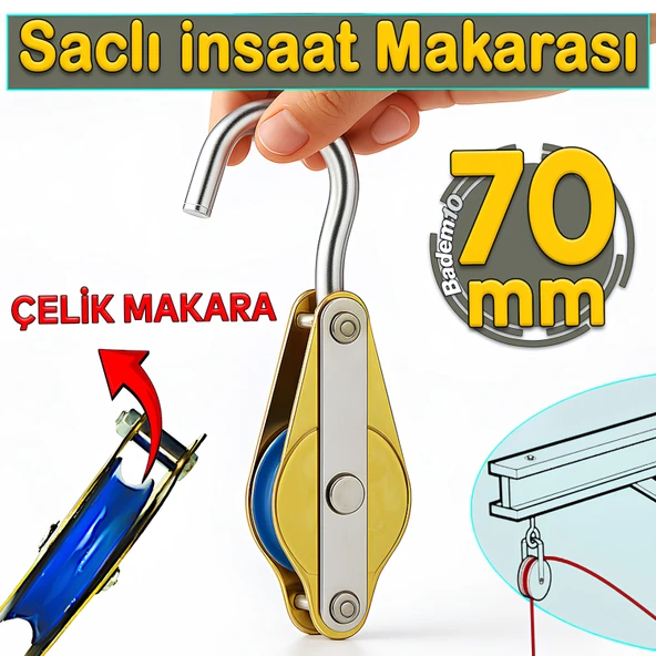 70 mm Saclı İnşaat Makarası Halatlı Kanca Kasnak Tavan Vinç Kasnağı Yük Taşıma Makara