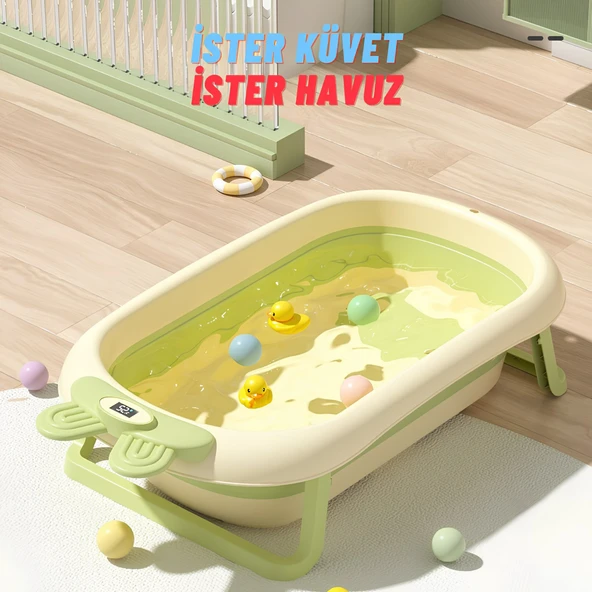 Katlanabilir Termometreli Bebek Küveti Ve Filesi Yazlık Bebek Havuzu YEŞİL - 7