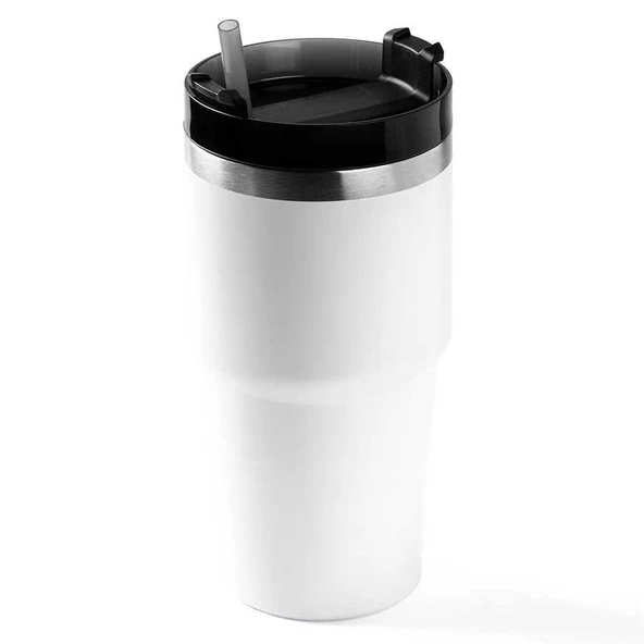 Tantitoni Beyaz Paslanmaz Çelik Pipetli Termos Bardak 600ml