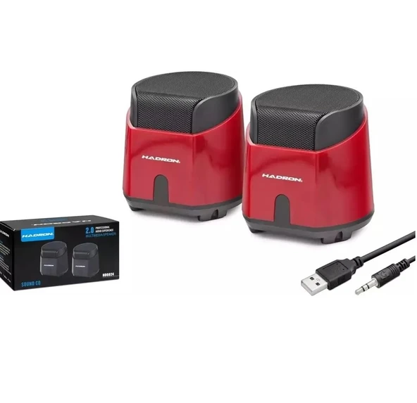 Hadron HD6024R 1+1 2x3W Çıkışlı 3.5mm AUX Ses + USB Güç Beslemeli Bilgisayar Hoparlörü - Kırmızı - 2