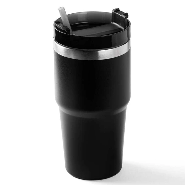 Tantitoni Siyah Paslanmaz Çelik Pipetli Termos Bardak 600ml