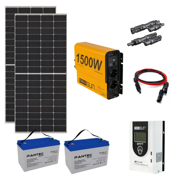 Güneş Enerjisi Karavan Solar Paket – 1.5Kw Tam Sinüs İnverter + 2X 250W Güneş Paneli – 2X 12V 100Ah Jel Akü