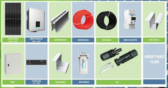 Güneş Enerjisi Hibrit Solar Paket + 10Kw Trifaze İnverter+10 Kw Lityum Akü