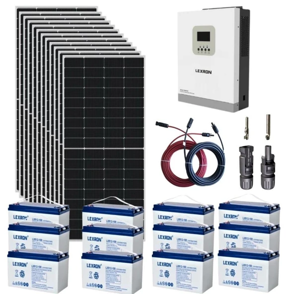 Güneş Enerjisi Bağevi Solar Paket – 5Kw Mppt Akıllı İnverter + 12X 285W Güneş Paneli + 12X 12V 100Ah Jel Akü