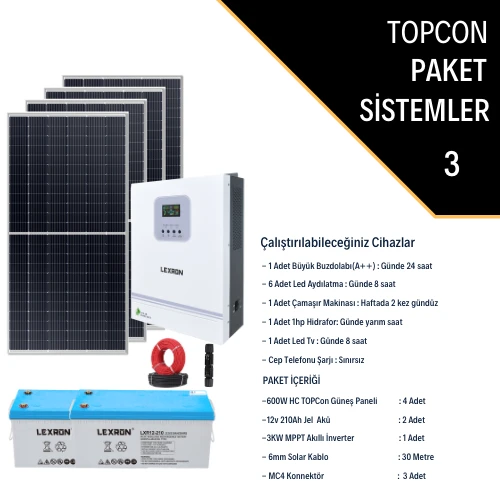 Güneş Enerjisi Bağevi Hazır Solar Paket - 3Kw Mppt Akıllı İnverter + 4X 600W Güneş Paneli+ 2X 12V 210Ah Jel Akü