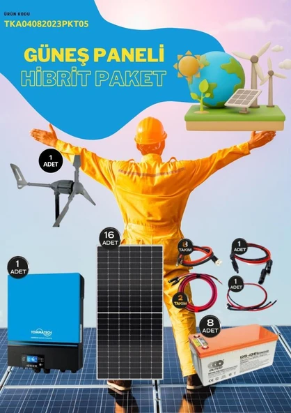 Güneş Enerjisi Hibrit Paket 5 – 7.2Kva Inverter + Güneş Paneli +8 x 12 V 200 Ah Jel Akü Derin Döngü + Rüzgar Türbini